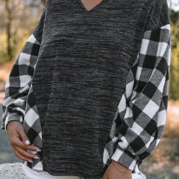 Black and White Casual Womens Buffalo Plaid Print Drop Shoulder Sweatshirt - Picture 4 of 4